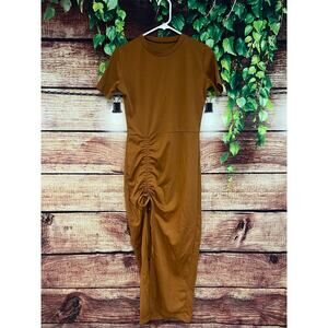 Free People Maxi Dress Bodycon Cinch Tie Slit Rust Orange Minimalist Fall Small